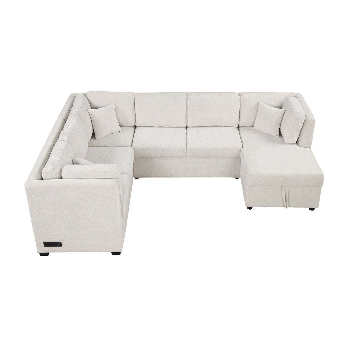 U-shaped sleeper sectional in beige with storage chaise and USB ports on Tampa Home & Garden Store
