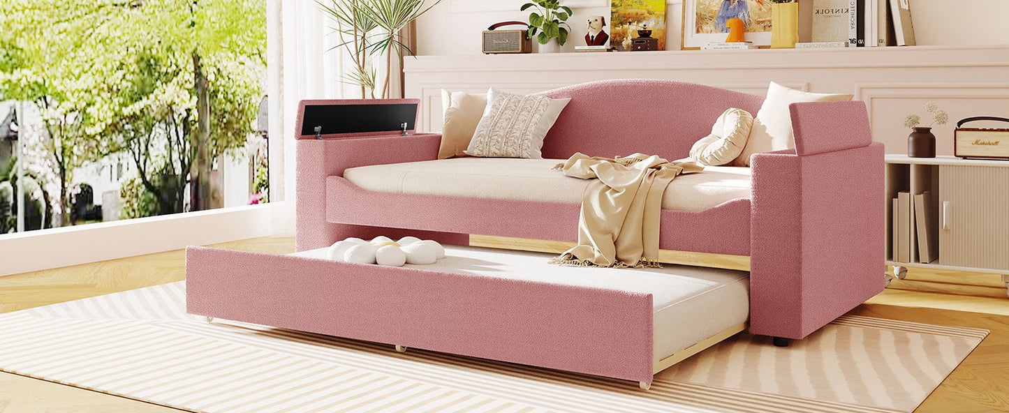 Upholstered Daybed by HouseOfZazla in pink with storage armrests and pull-out trundle on Tampa Home & Garden Store