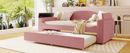 Upholstered Daybed by HouseOfZazla in pink with storage armrests and pull-out trundle on Tampa Home & Garden Store
