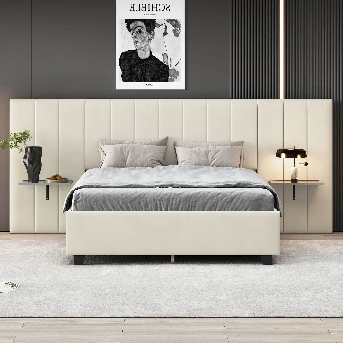 Upholstered platform bed with big beige headboard, gray bedding, modern nightstands on Tampa Home & Garden Store
