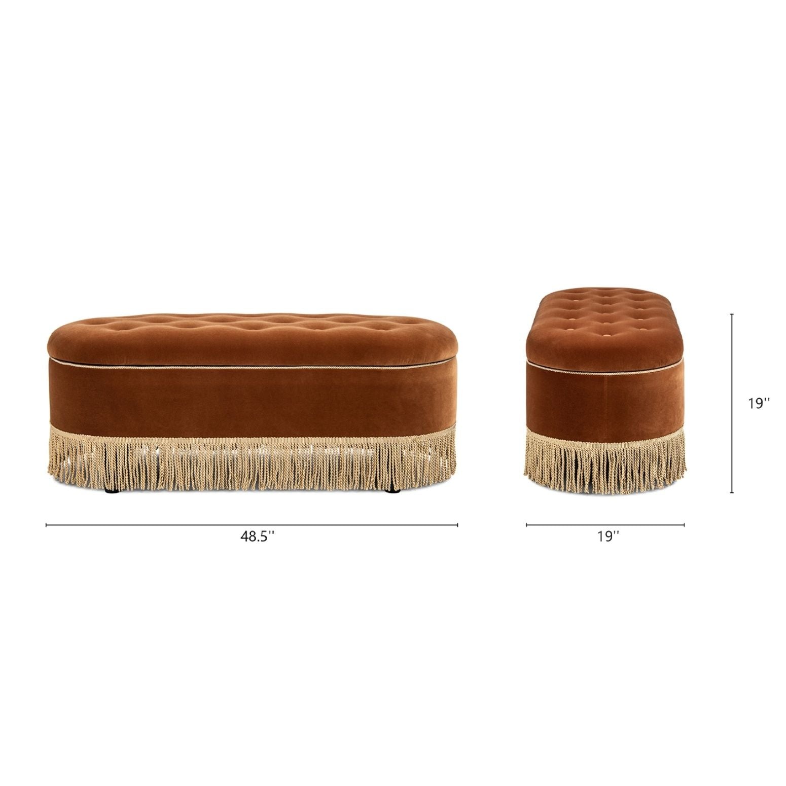 Melinda oval tufted bullion fringe storage bench and ottoman in orange velvet, 48.5in long on Tampa Home & Garden Store