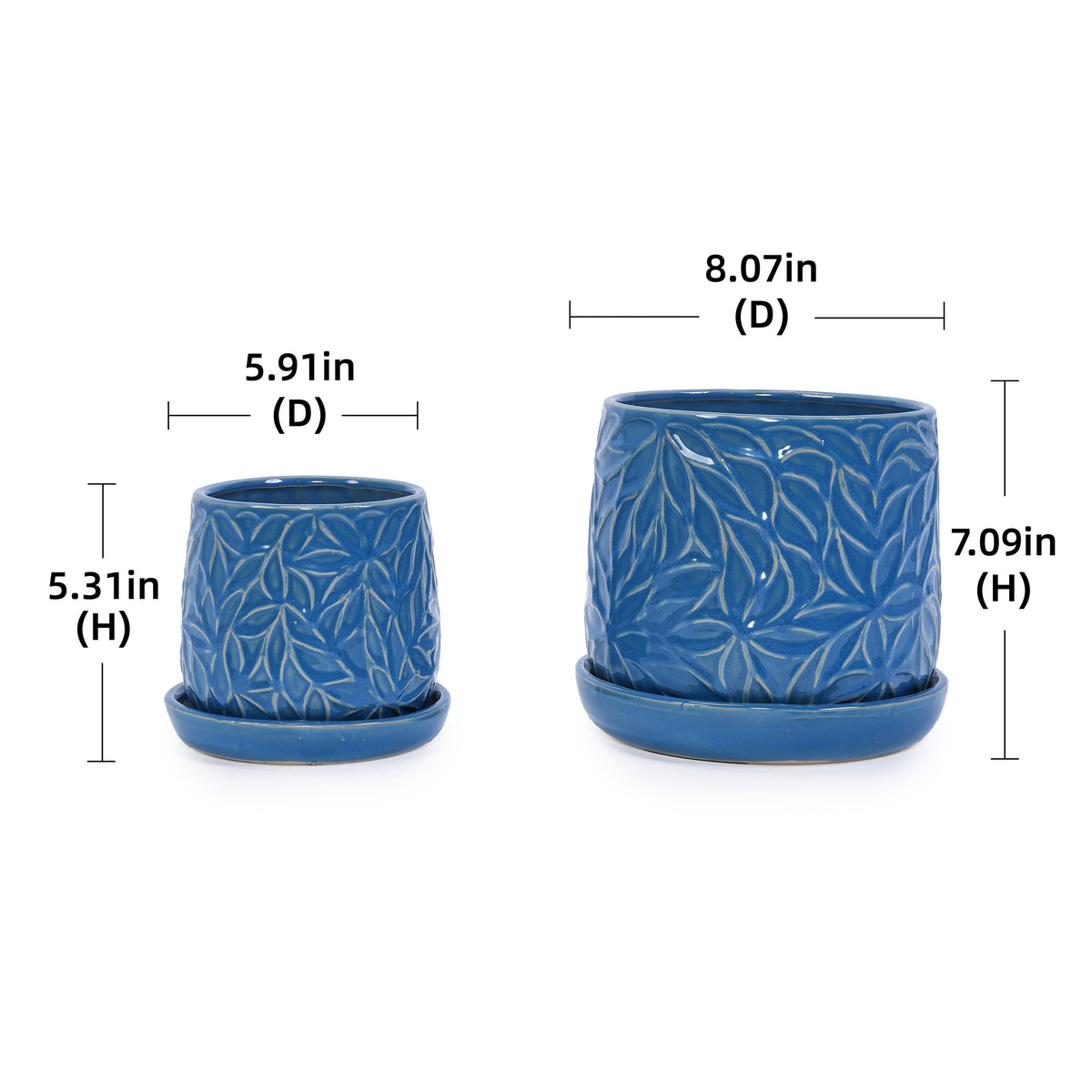 Set of 2 navy blue ceramic flowerpots with leaf pattern by HouseOfZazla on Tampa Home & Garden Store