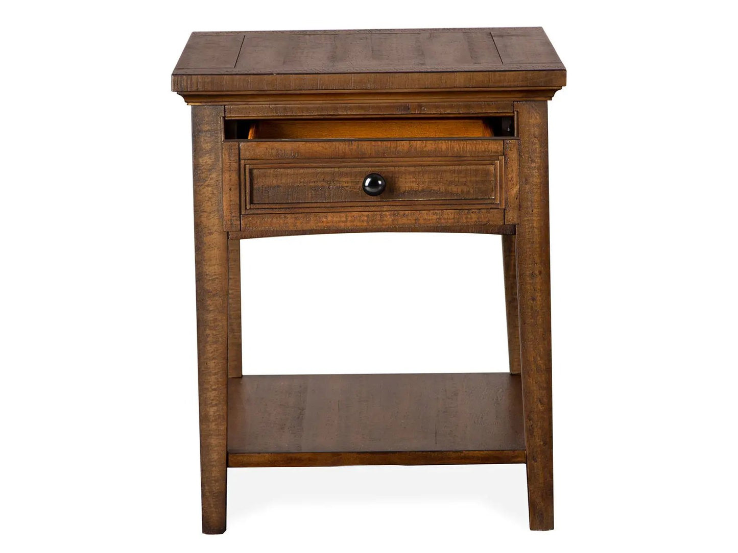 Bay Creek Rectangular End Table in warm brown wood with a single drawer and black knob on Tampa Home & Garden Store