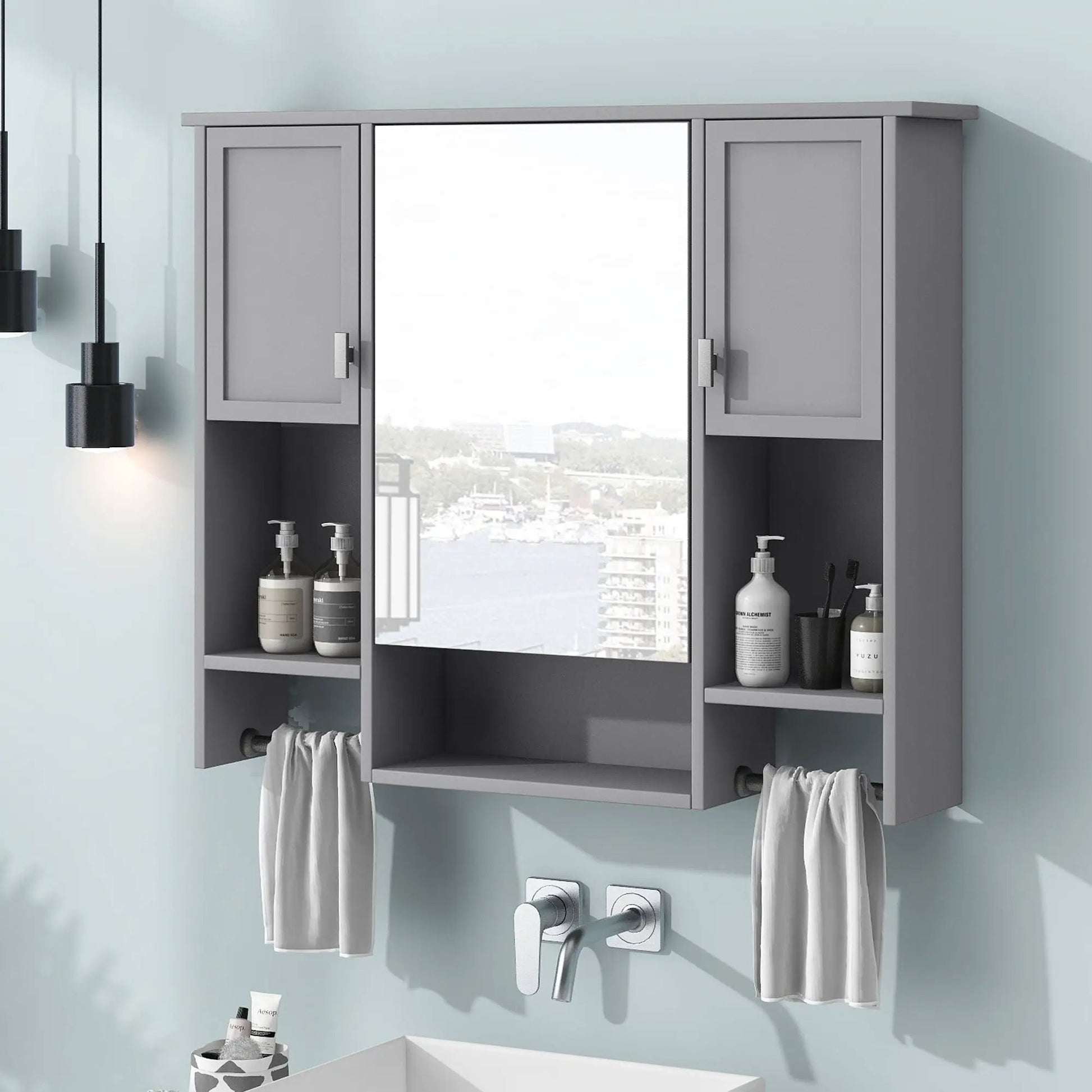 Wall mounted medicine cabinet with mirrored center panel and gray doors, towel bar and shelves on Tampa Home & Garden Store