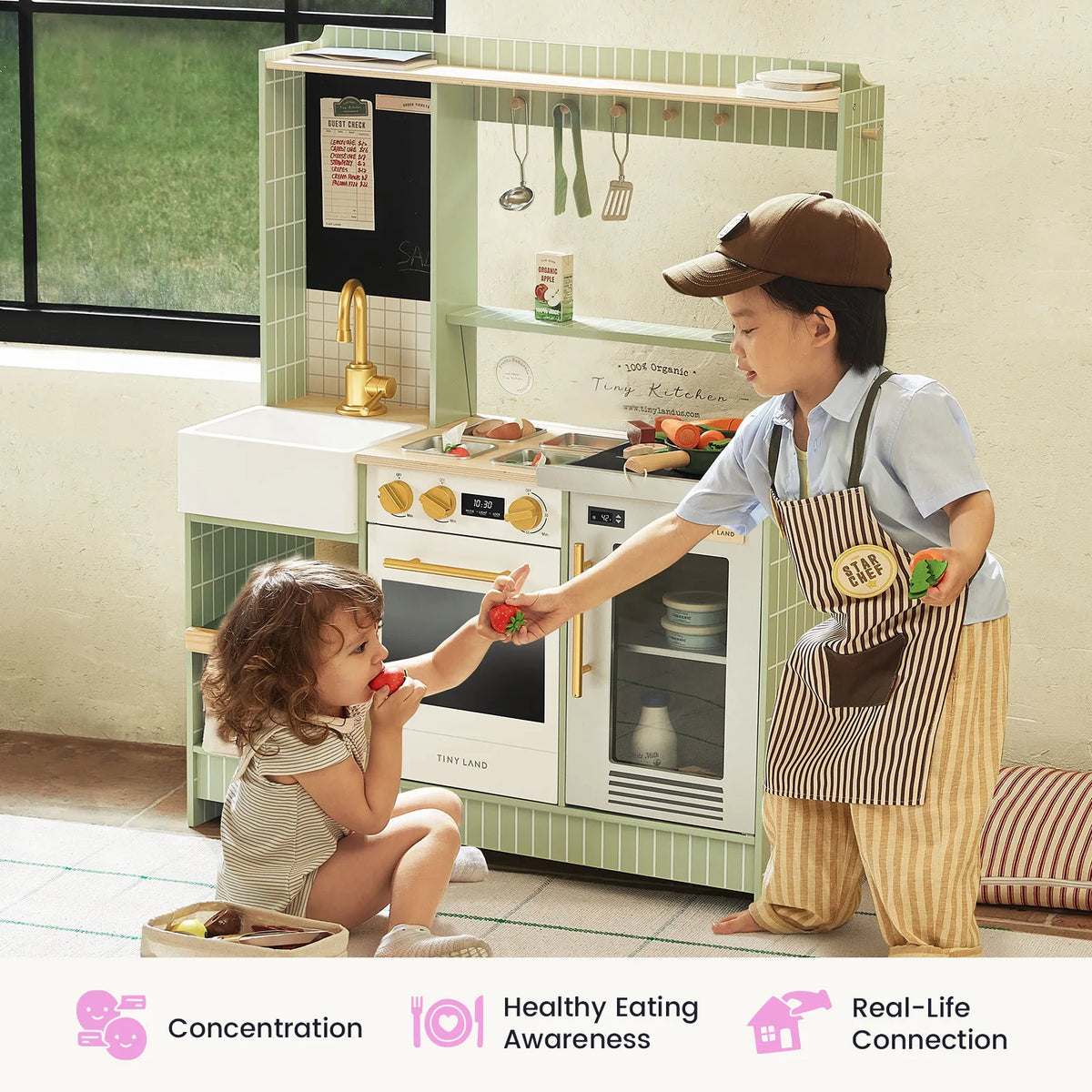 Tiny Land BistroSwitch Play Kitchen toy set in pastel green with brass faucet on Tampa Home & Garden Store
