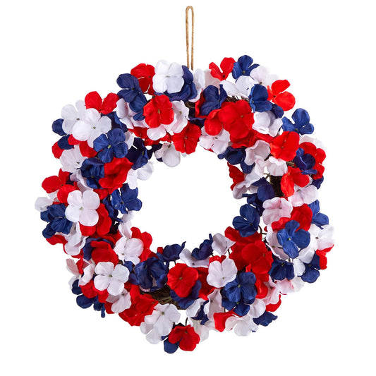 18” Americana Patriotic Hydrangea Artificial Wreath Red White and Blue - Tampa Home & Garden Store