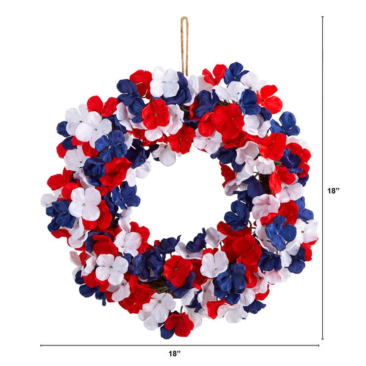 18” Americana Patriotic Hydrangea Artificial Wreath Red White and Blue - Tampa Home & Garden Store