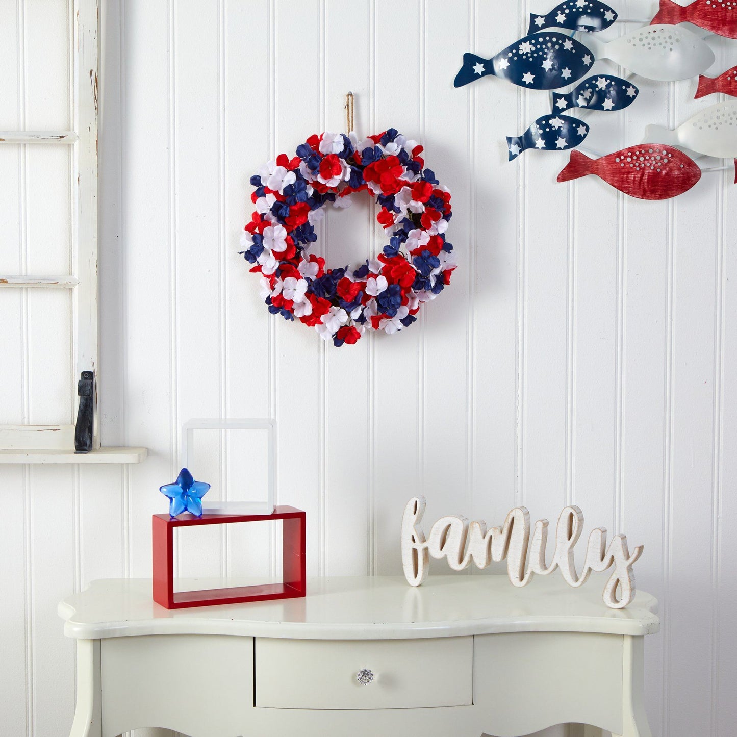 18” Americana Patriotic Hydrangea Artificial Wreath Red White and Blue - Tampa Home & Garden Store