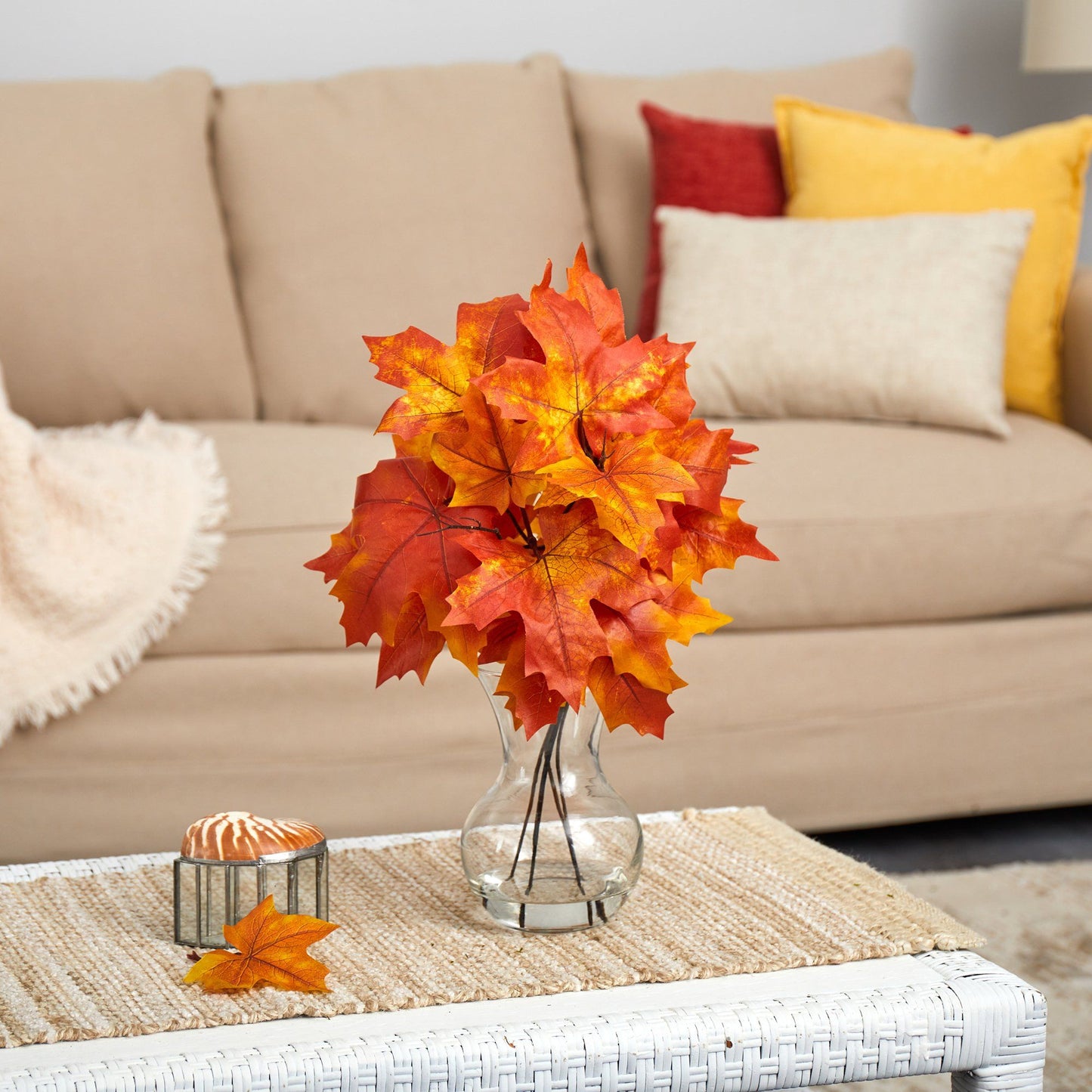 18” Autumn Maple Leaf Artificial Plant in Glass Planter - Tampa Home & Garden Store