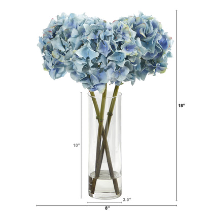 18” Blue Hydrangea Faux Flower Arrangement in Cylinder Glass Vase - Tampa Home & Garden Store