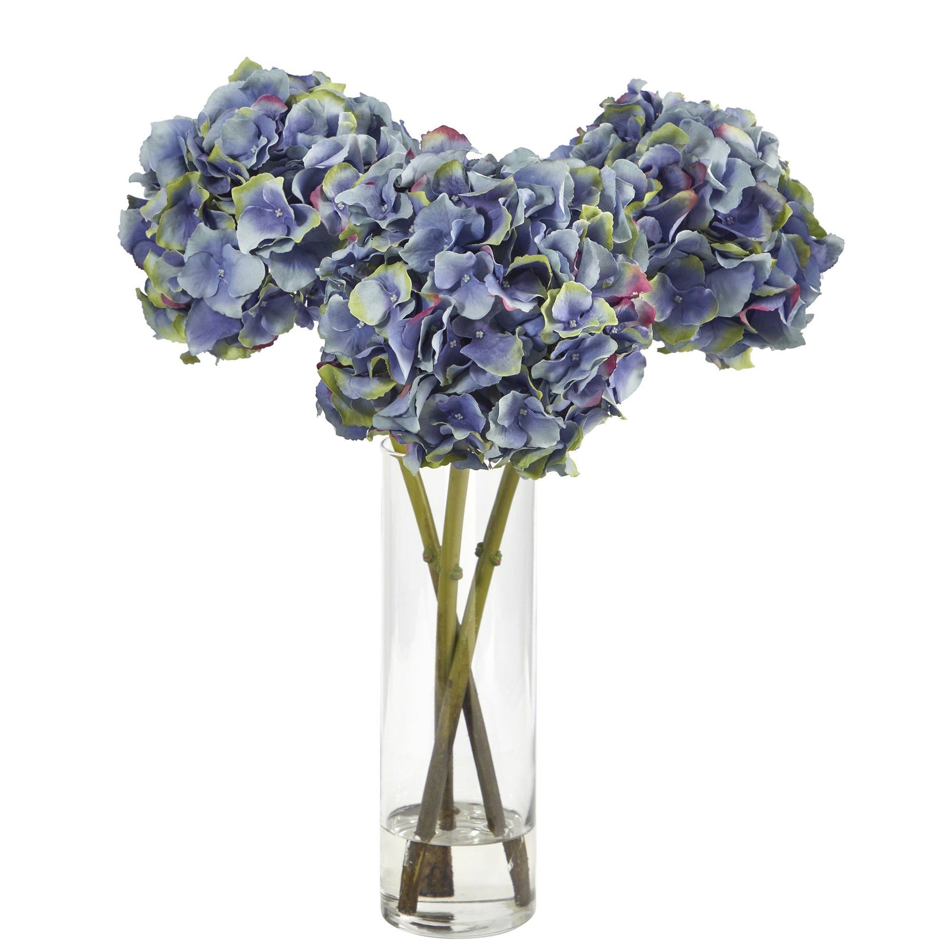 18” Blue Hydrangea Faux Flower Arrangement in Cylinder Glass Vase - Tampa Home & Garden Store