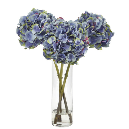 18” Blue Hydrangea Faux Flower Arrangement in Cylinder Glass Vase - Tampa Home & Garden Store