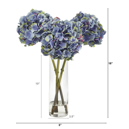 18” Blue Hydrangea Faux Flower Arrangement in Cylinder Glass Vase - Tampa Home & Garden Store