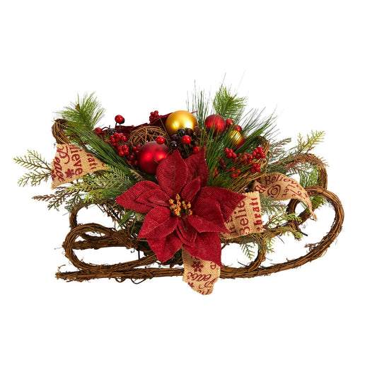 18” Christmas Sleigh with Poinsettia, Berries and Pinecone Artificial Arrangement with Ornaments - Tampa Home & Garden Store