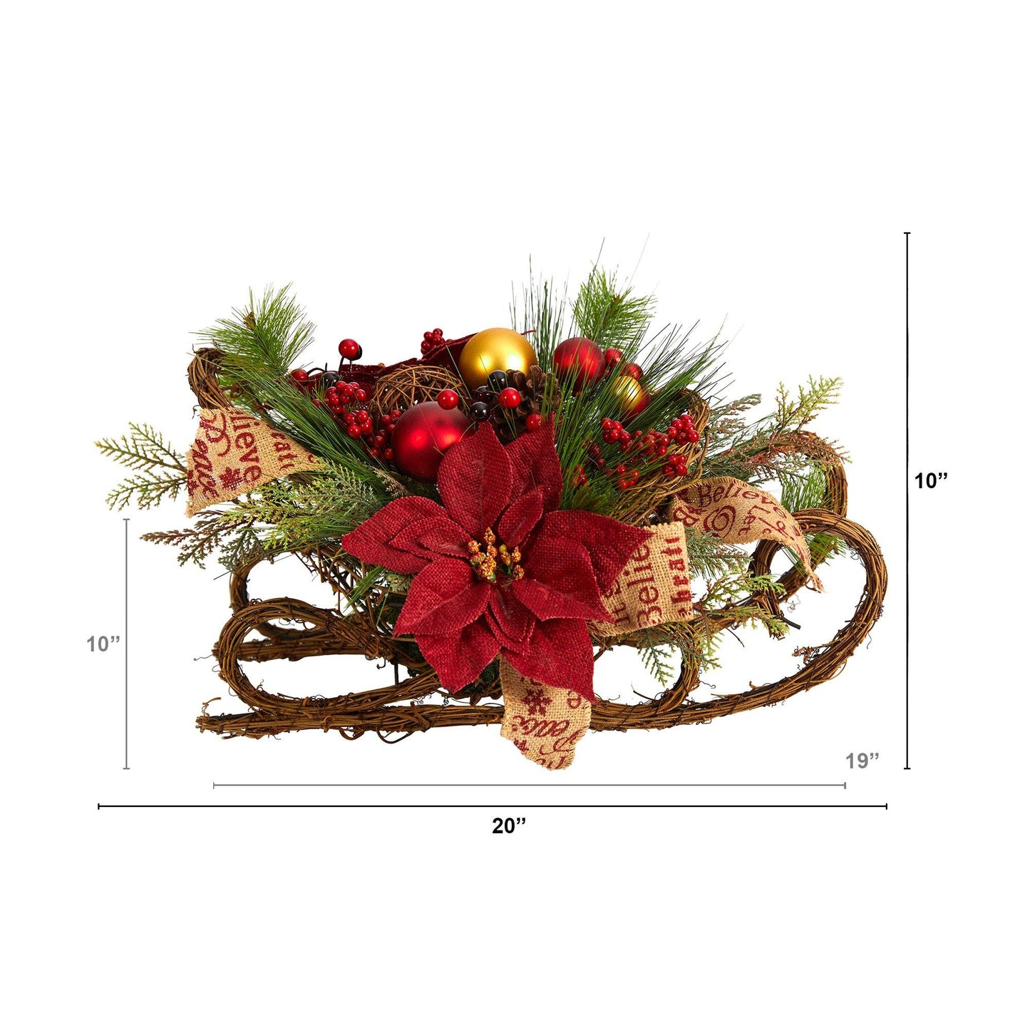 18” Christmas Sleigh with Poinsettia, Berries and Pinecone Artificial Arrangement with Ornaments - Tampa Home & Garden Store