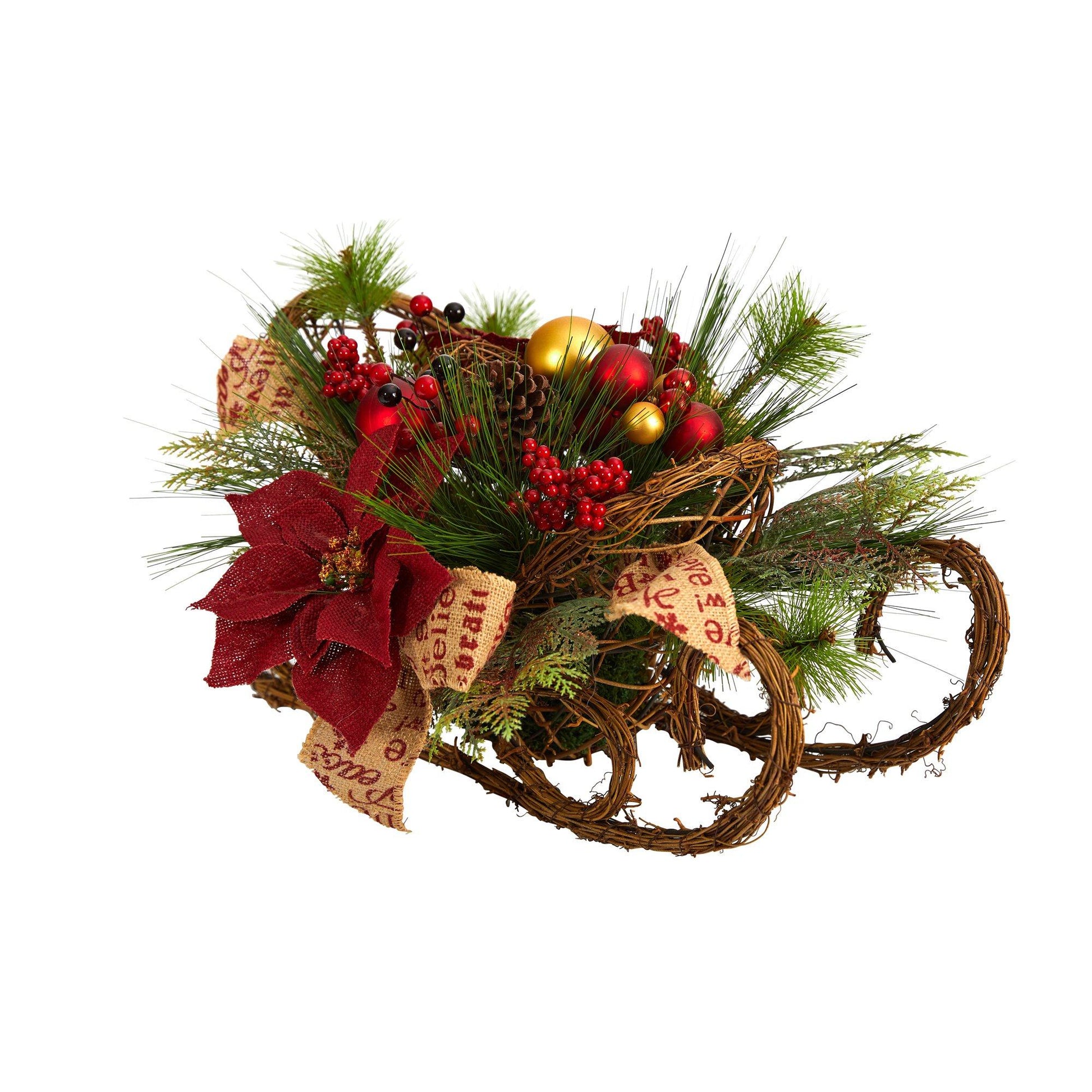 18” Christmas Sleigh with Poinsettia, Berries and Pinecone Artificial Arrangement with Ornaments - Tampa Home & Garden Store