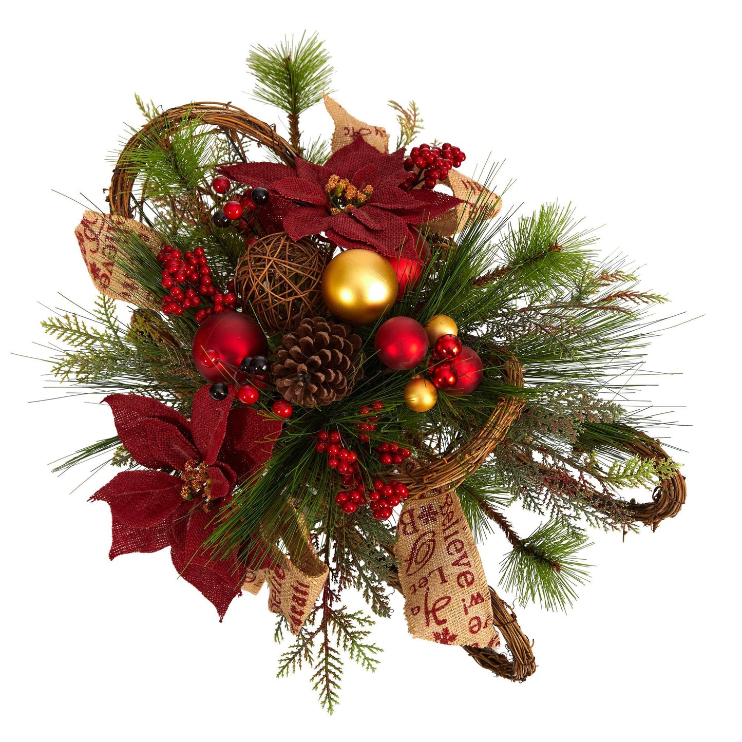 18” Christmas Sleigh with Poinsettia, Berries and Pinecone Artificial Arrangement with Ornaments - Tampa Home & Garden Store