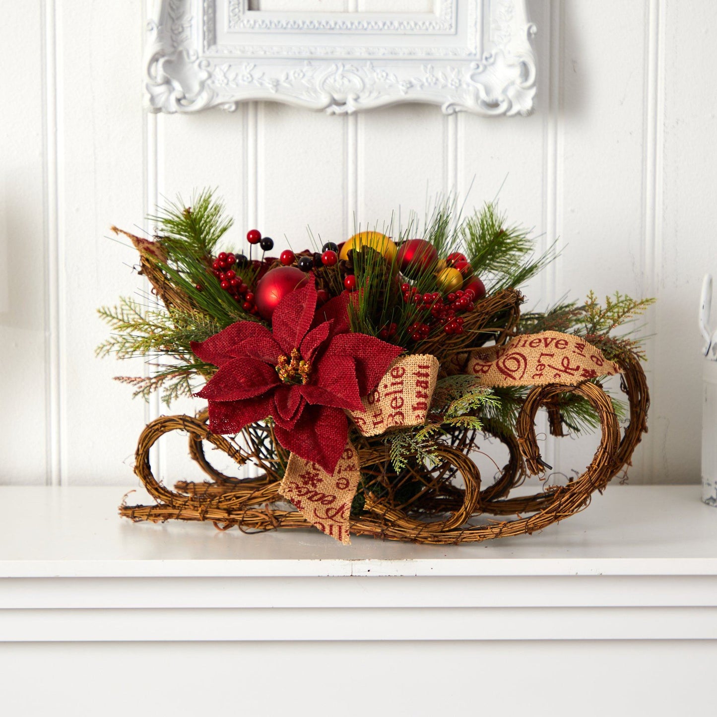 18” Christmas Sleigh with Poinsettia, Berries and Pinecone Artificial Arrangement with Ornaments - Tampa Home & Garden Store