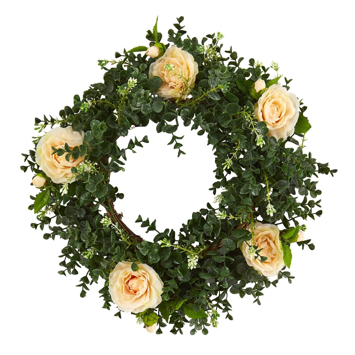 18” Eucalyptus and Camellia Double Ring Artificial Wreath with Twig Base - Tampa Home & Garden Store