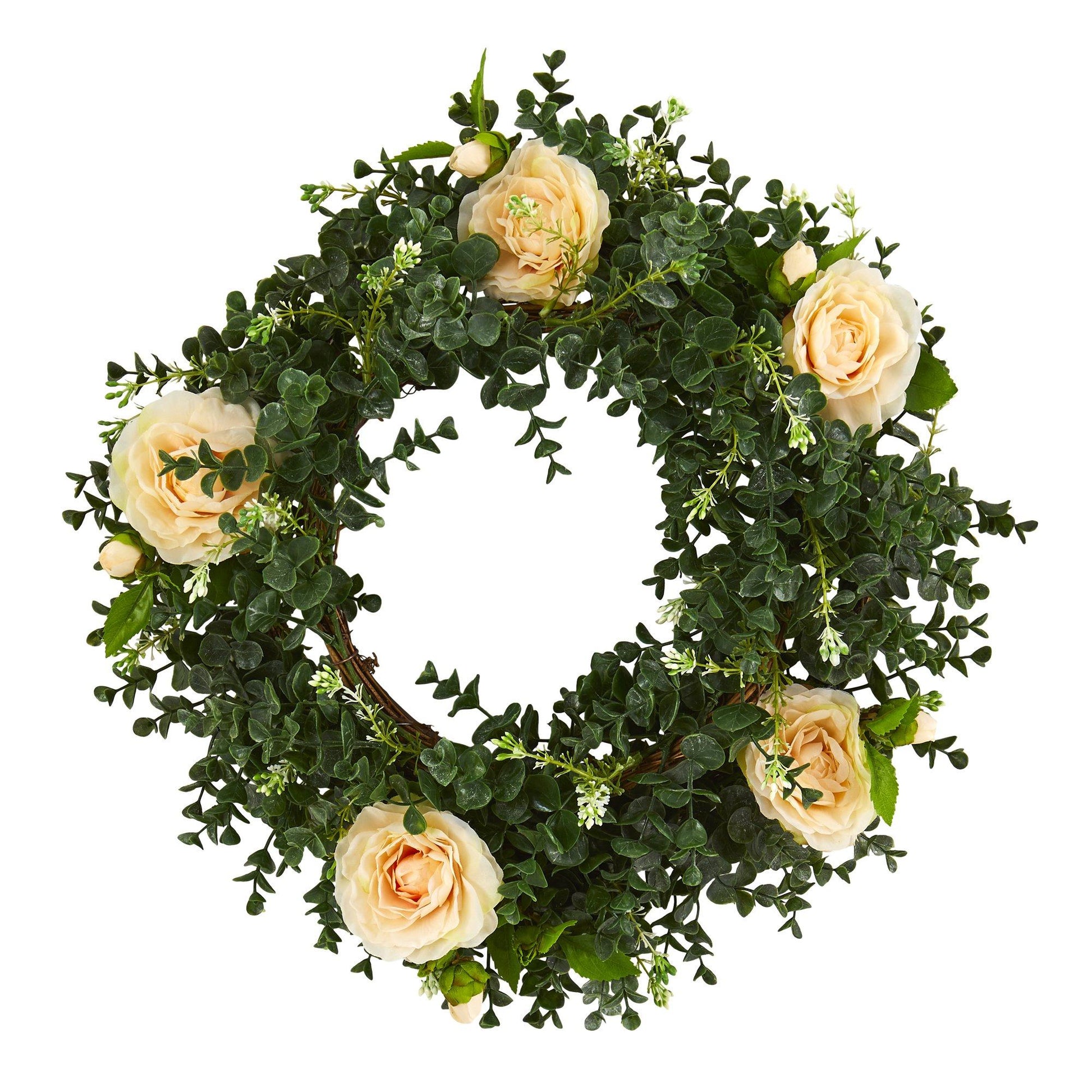 18” Eucalyptus and Camellia Double Ring Artificial Wreath with Twig Base - Tampa Home & Garden Store