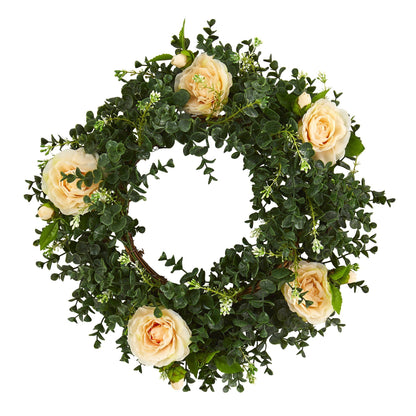 18” Eucalyptus and Camellia Double Ring Artificial Wreath with Twig Base - Tampa Home & Garden Store