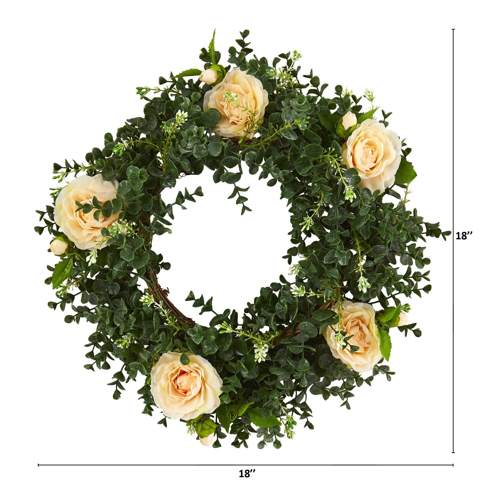 18” Eucalyptus and Camellia Double Ring Artificial Wreath with Twig Base - Tampa Home & Garden Store