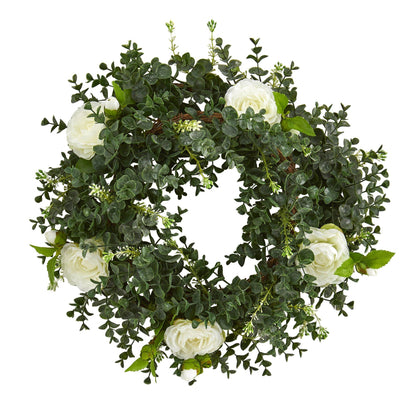 18” Eucalyptus and Camellia Double Ring Artificial Wreath with Twig Base - Tampa Home & Garden Store