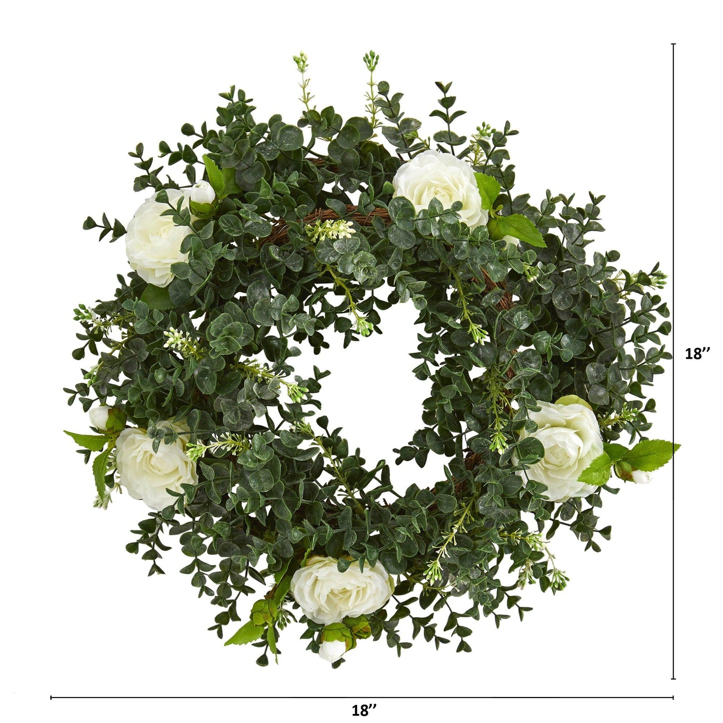 18” Eucalyptus and Camellia Double Ring Artificial Wreath with Twig Base - Tampa Home & Garden Store