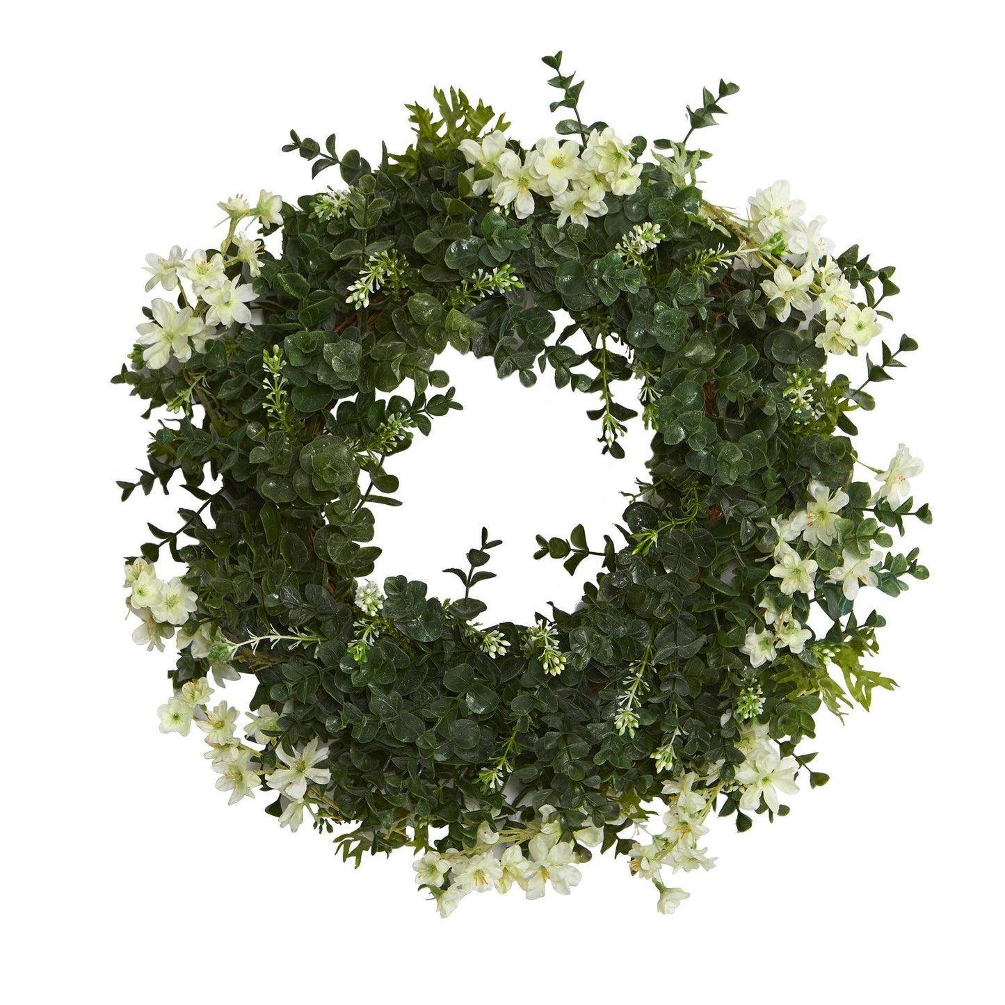 18” Eucalyptus and Dancing Daisy Double Ring Artificial Wreath with Twig Base - Tampa Home & Garden Store