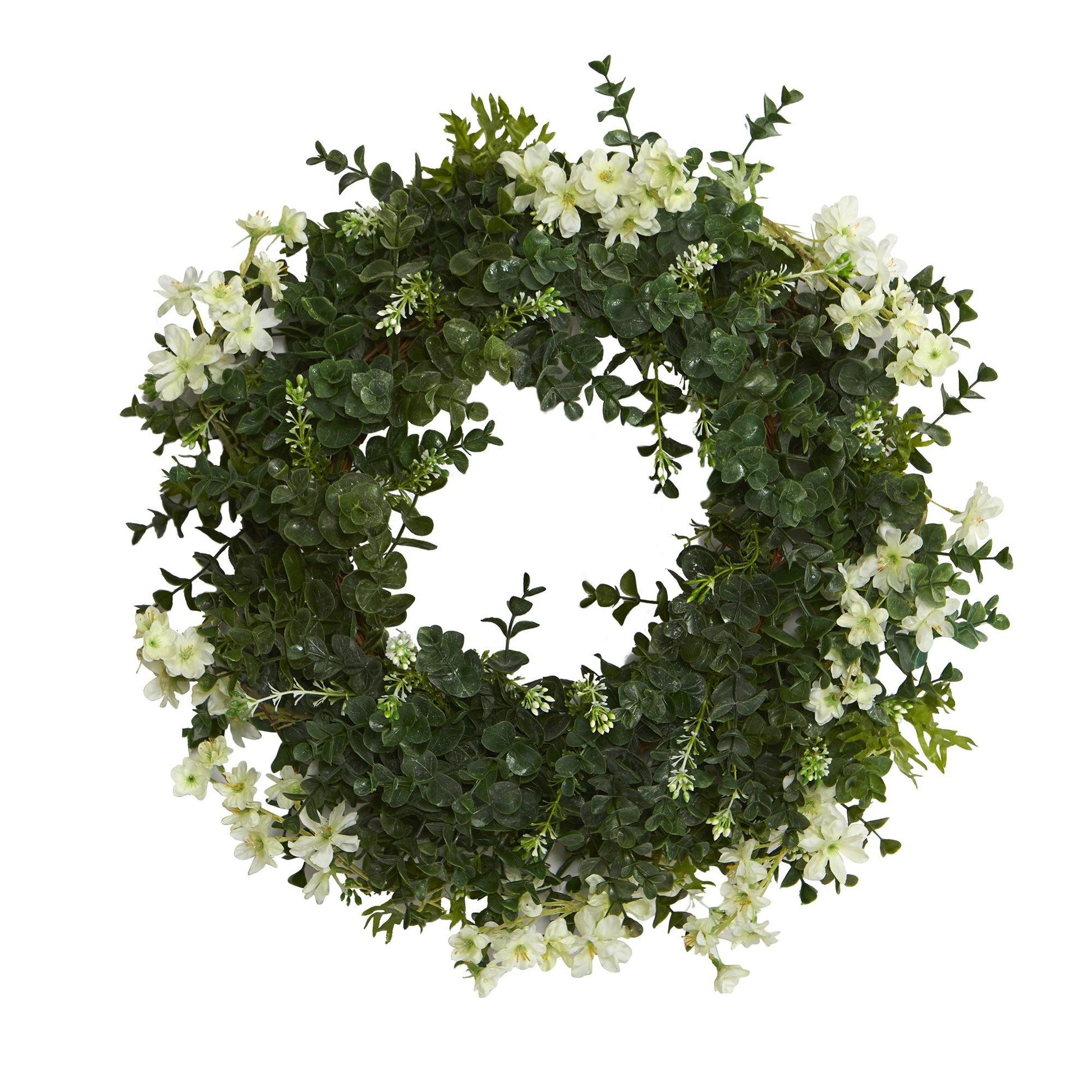 18” Eucalyptus and Dancing Daisy Double Ring Artificial Wreath with Twig Base - Tampa Home & Garden Store