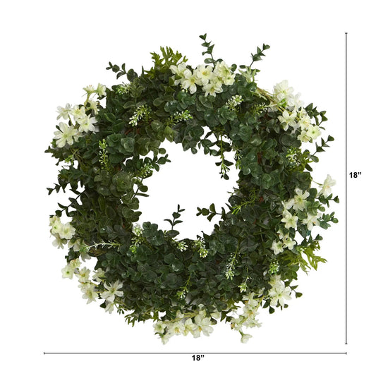 Eucalyptus and Dancing Daisy wreath on twig base 18in Nearly Natural artificial greens on Tampa Home & Garden Store