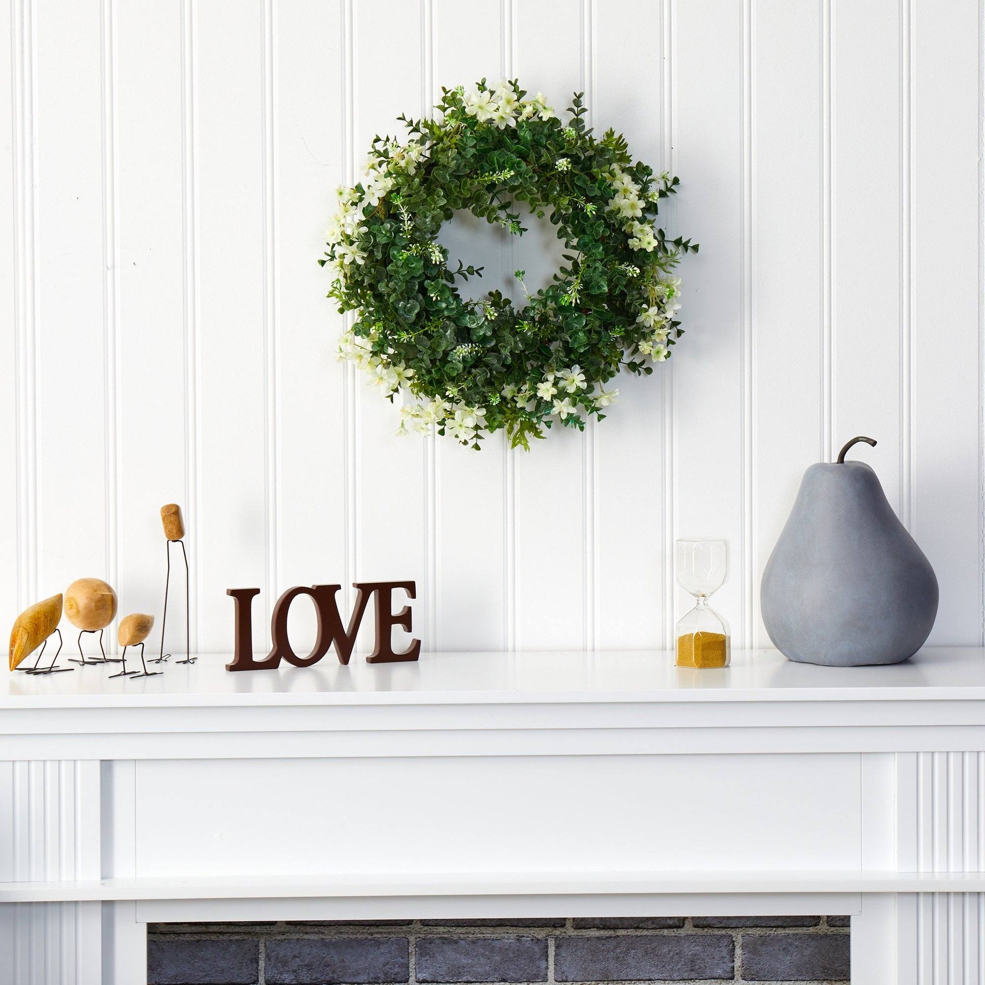 18” Eucalyptus and Dancing Daisy Double Ring Artificial Wreath with Twig Base - Tampa Home & Garden Store