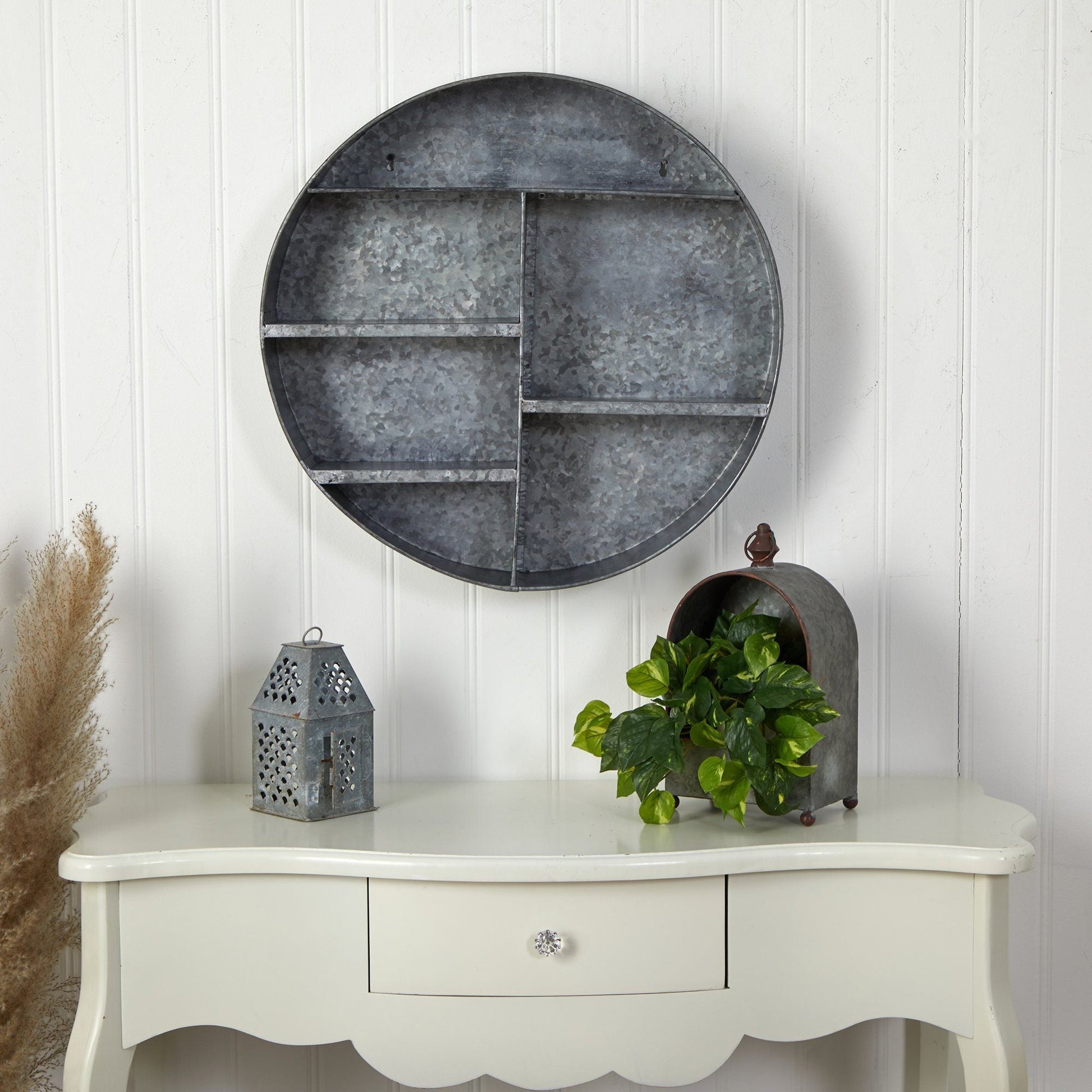 18” Galvanized Circular Metal Wall Mounted Shelf with Four Tier Shelves - Tampa Home & Garden Store