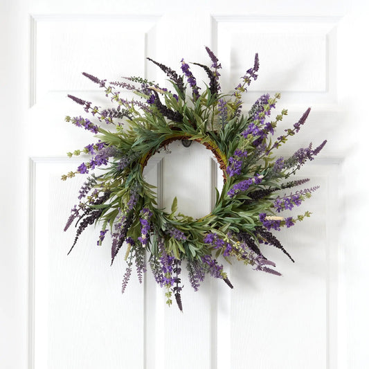 18-inch lavender wreath by Nearly Natural with purple sprigs and green foliage on white door on Tampa Home & Garden Store