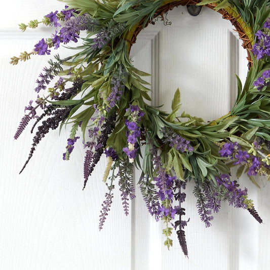 18 inch Lavender Wreath by Nearly Natural with purple lavender blooms and green foliage on Tampa Home & Garden Store