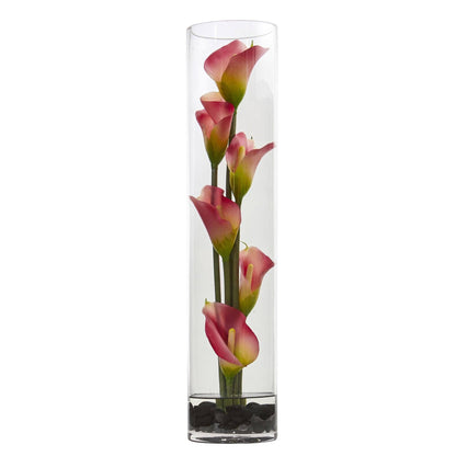 18” Mini Cally Lily Artificial Arrangement in Cylinder Glass - Tampa Home & Garden Store