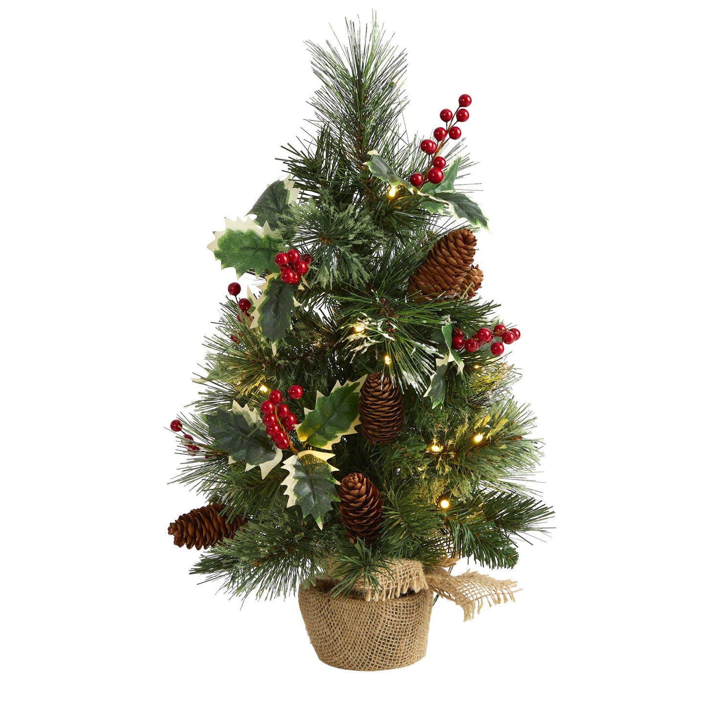 18” Mixed Pine Artificial Christmas Tree with Holly Berries, Pinecones, 35 Clear LED Lights and Burlap Base - Tampa Home & Garden Store