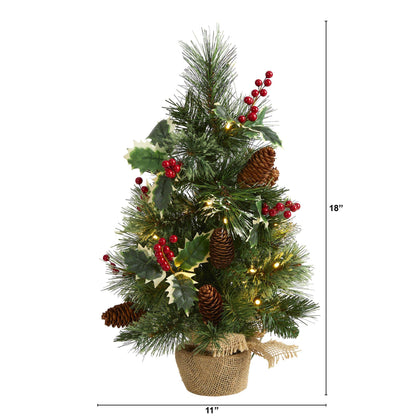 18” Mixed Pine Artificial Christmas Tree with Holly Berries, Pinecones, 35 Clear LED Lights and Burlap Base - Tampa Home & Garden Store