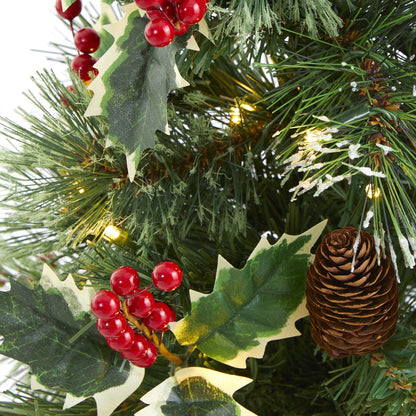 18” Mixed Pine Artificial Christmas Tree with Holly Berries, Pinecones, 35 Clear LED Lights and Burlap Base - Tampa Home & Garden Store