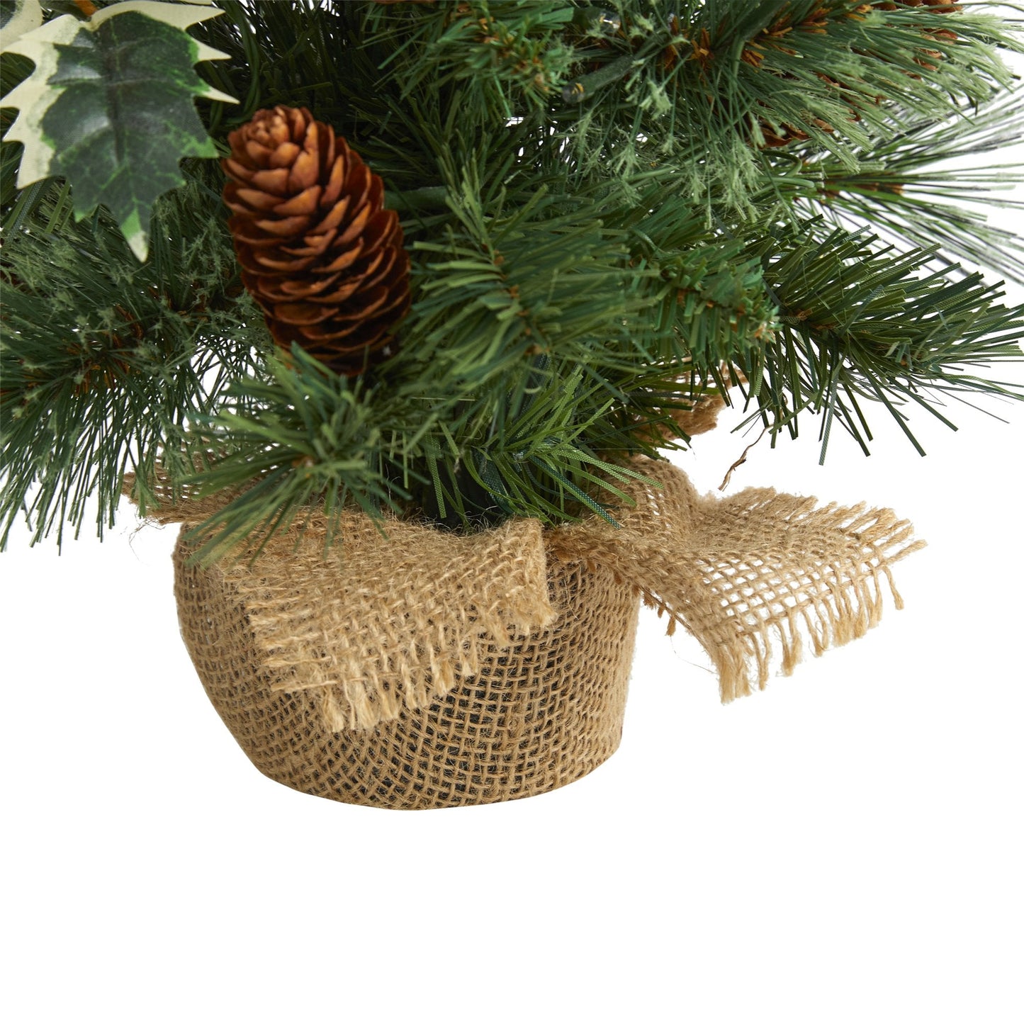18” Mixed Pine Artificial Christmas Tree with Holly Berries, Pinecones, 35 Clear LED Lights and Burlap Base - Tampa Home & Garden Store