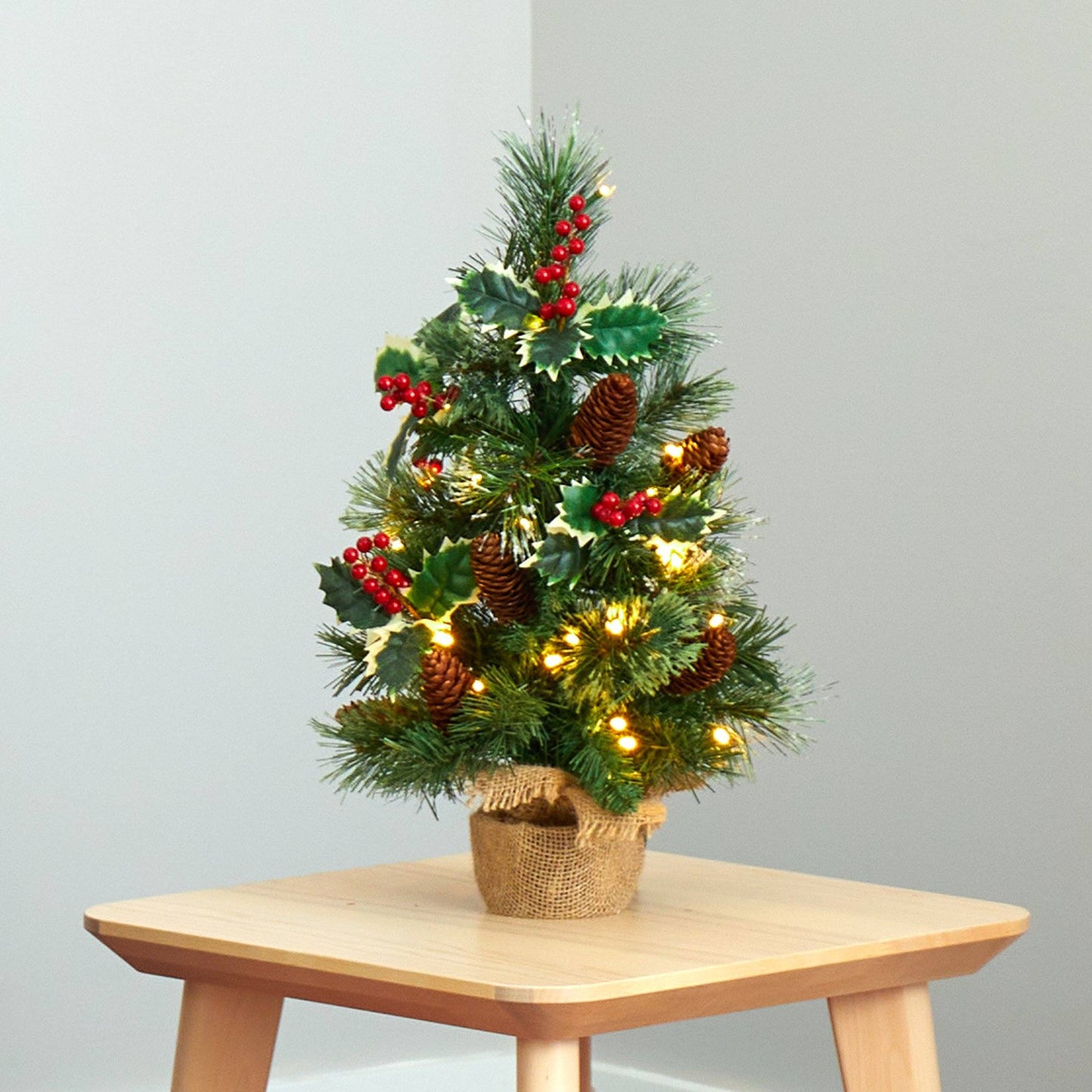 18” Mixed Pine Artificial Christmas Tree with Holly Berries, Pinecones, 35 Clear LED Lights and Burlap Base - Tampa Home & Garden Store