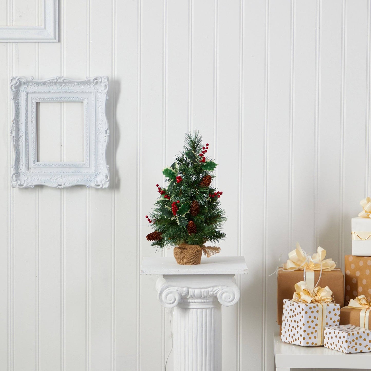 18” Mixed Pine Artificial Christmas Tree with Holly Berries, Pinecones, 35 Clear LED Lights and Burlap Base - Tampa Home & Garden Store