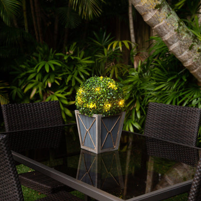 18” UV Resistant Artificial Boxwood Ball Topiary with LED Lights in Decorative Planter (Indoor/Outdoor) - Tampa Home & Garden Store