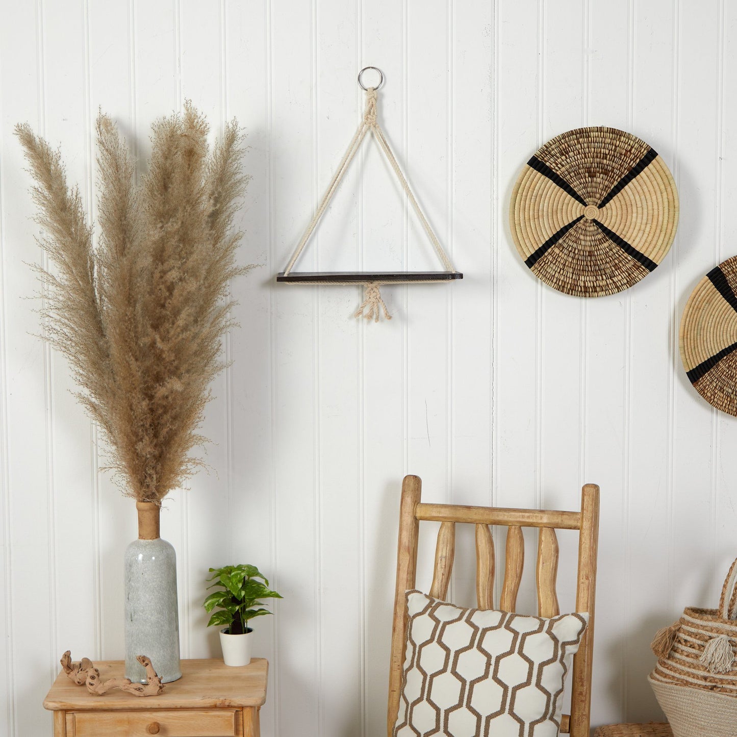 18” x 16” Hand Crafted Macrame Wall Hanging with Wooden Shelf - Tampa Home & Garden Store