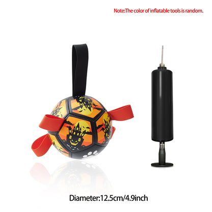 Inflatable dog football toy ball with orange panels, black strap, and pump for large dogs on Tampa Home & Garden Store