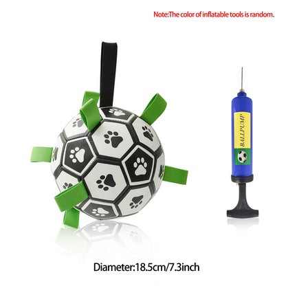 Interactive dog football toy ball with paw-print panels and green straps, blue ball-pump on Tampa Home & Garden Store