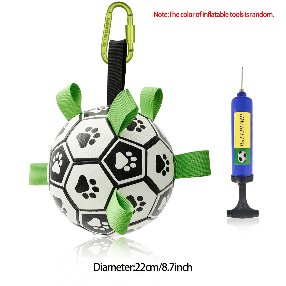 Interactive dog soccer ball toy with green straps and carabiner clip plus pump by Sell My Stuff on Tampa Home & Garden Store