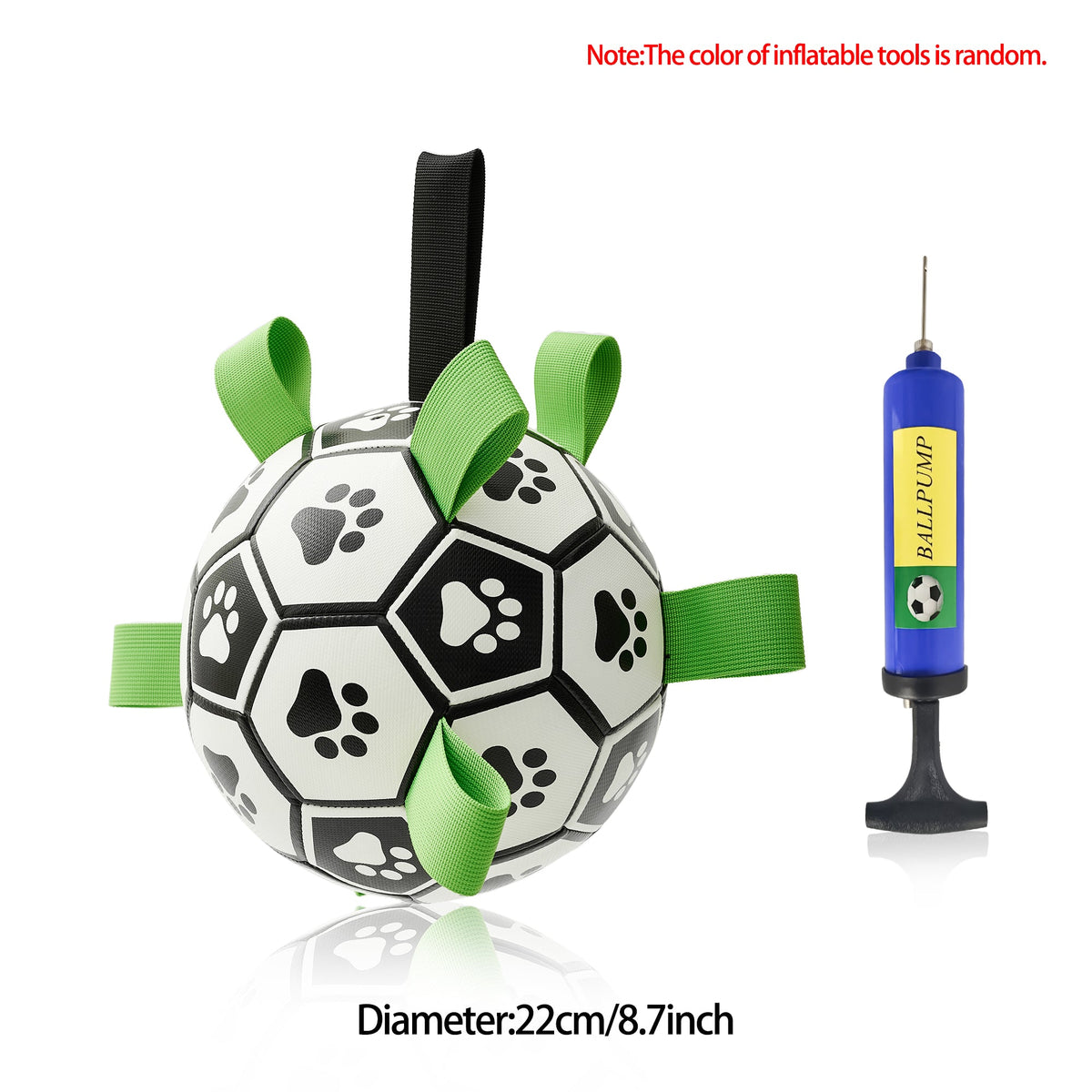 Interactive dog soccer ball toy by Sell My Stuff with paw-print panels and green straps on Tampa Home & Garden Store