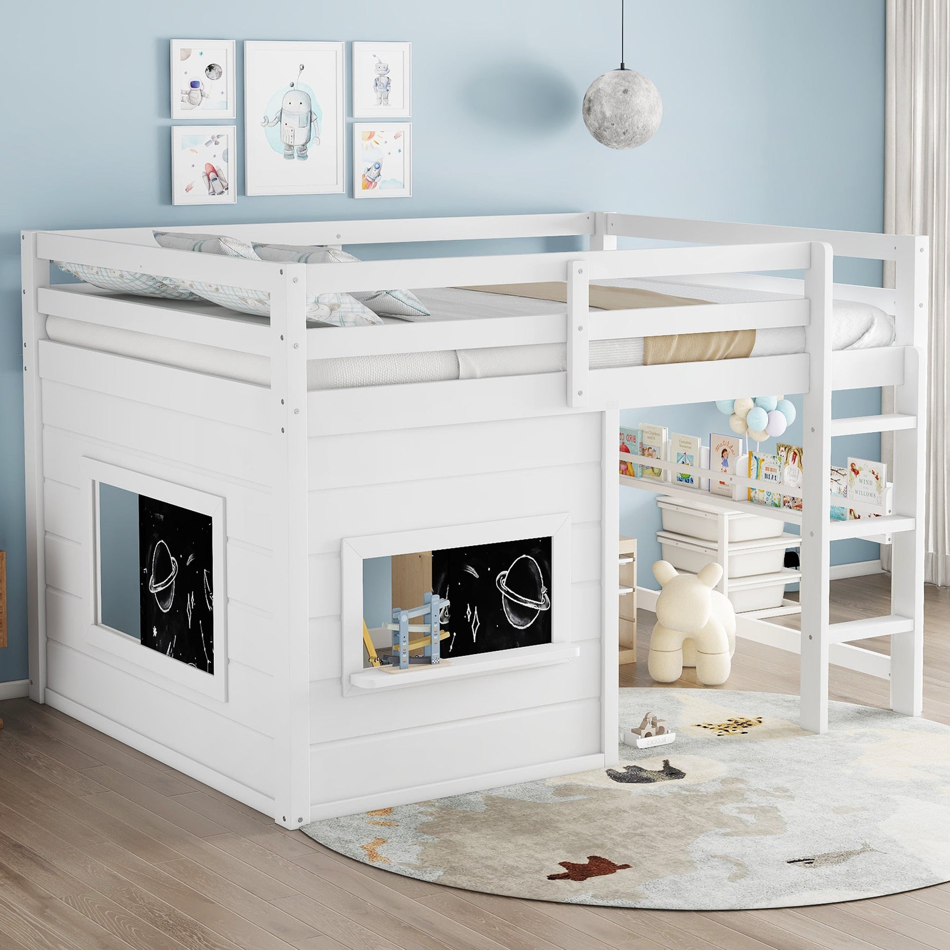 Full size loft bed with sliding chalkboard and bookshelf, white finish HouseOfZazla on Tampa Home & Garden Store