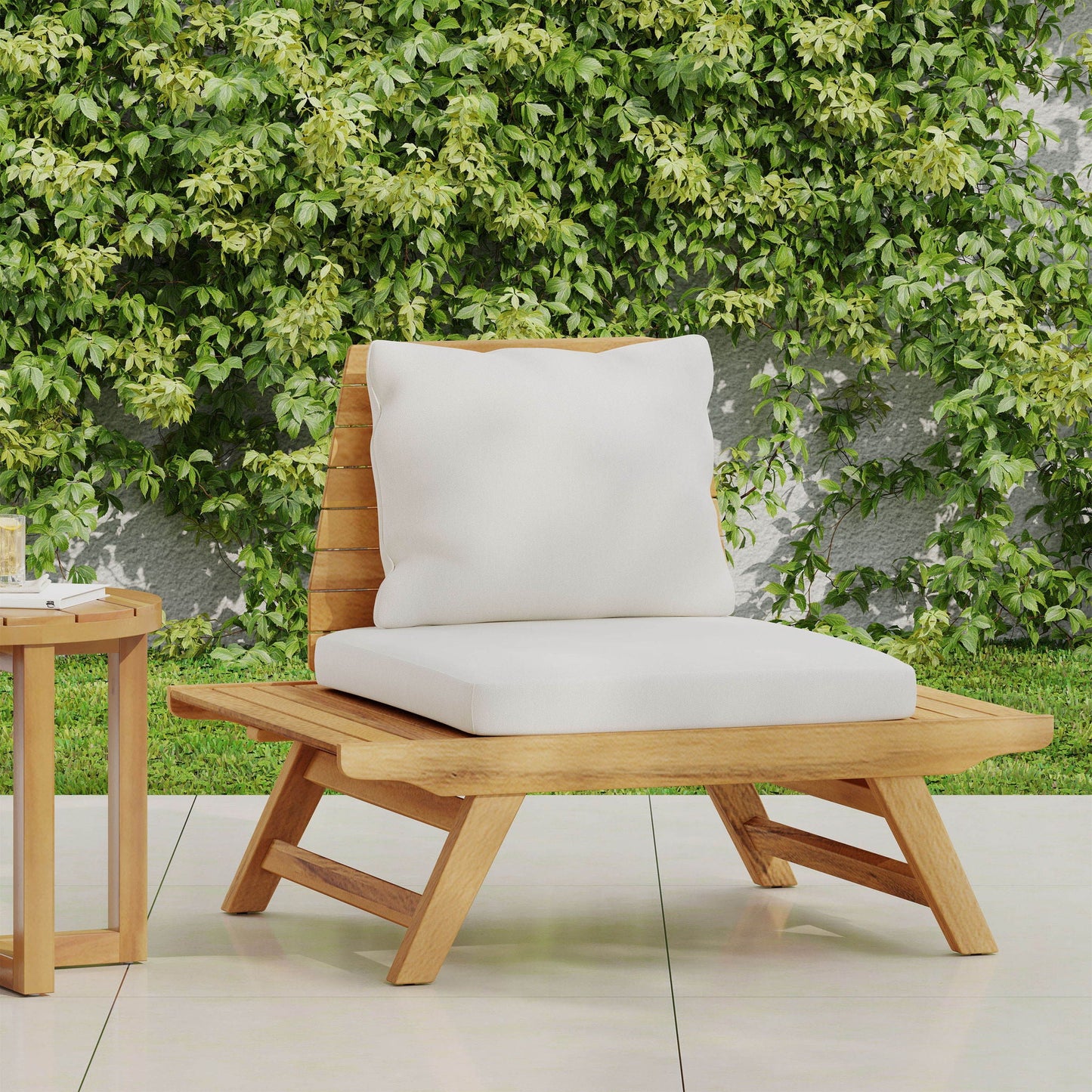 Sedona Outdoor Club Chair, slatted wood frame and beige cushions by HouseOfZazla on Tampa Home & Garden Store